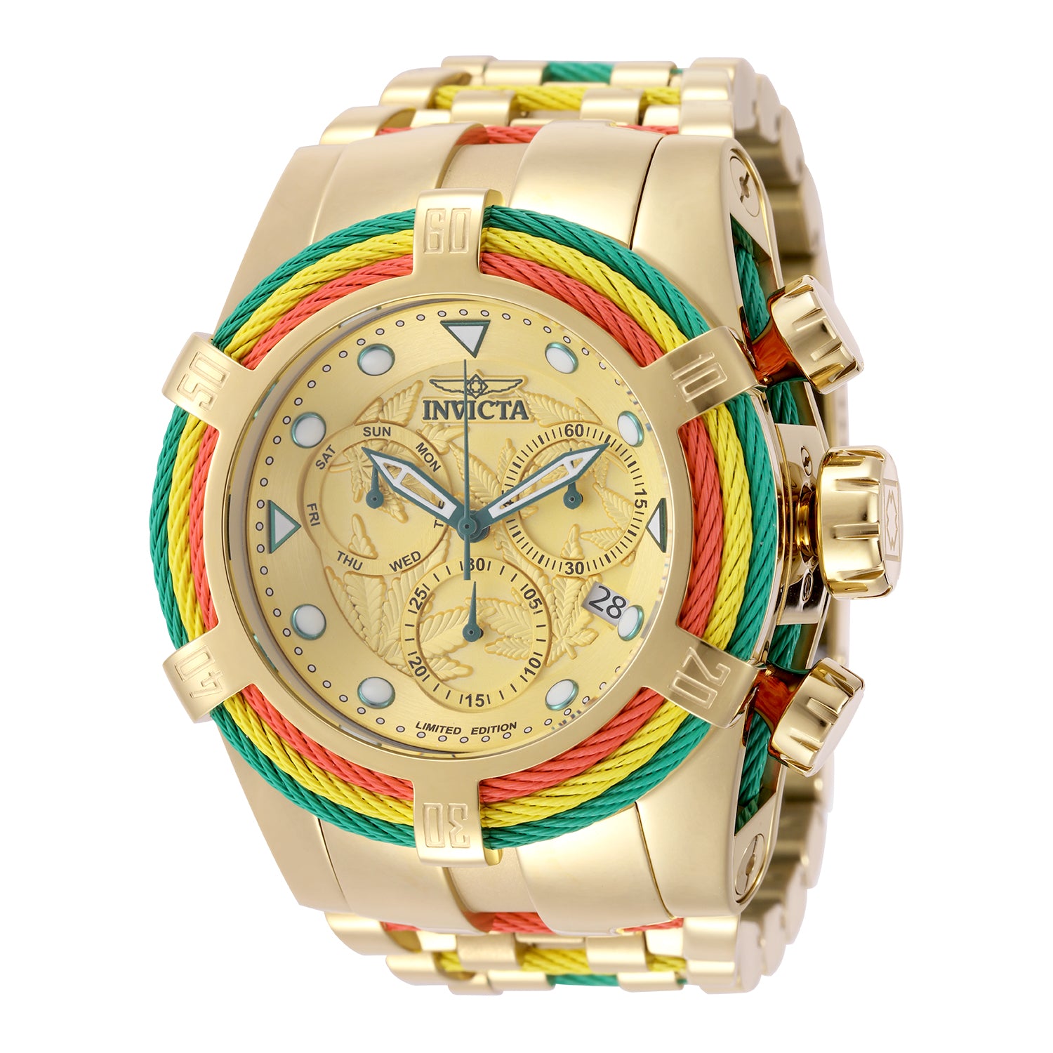 Invicta Bolt One Love Swiss Ronda Z60 Caliber Men's Watch - 53mm. Green. Yellow. Red. Gold (50125)