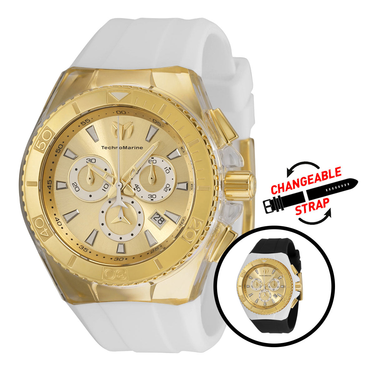 TechnoMarine Cruise Star Swiss Ronda 5040.D Caliber Men's Watch - 46.65mm, White, Black with Interchangeable Strap (TM-115049)