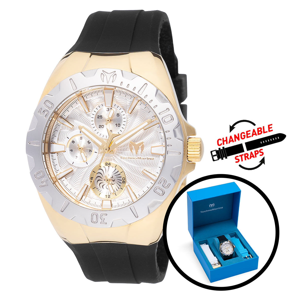 TechnoMarine Cruise Original Unisex Watch - 40mm. White. Blue. Black with Interchangeable Strap (TM-124010)